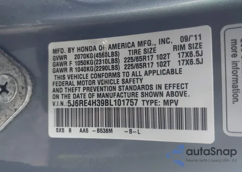 2011 Honda Cr-V Lx из США, поврежденный, VIN 5J6RE4H39BL101757